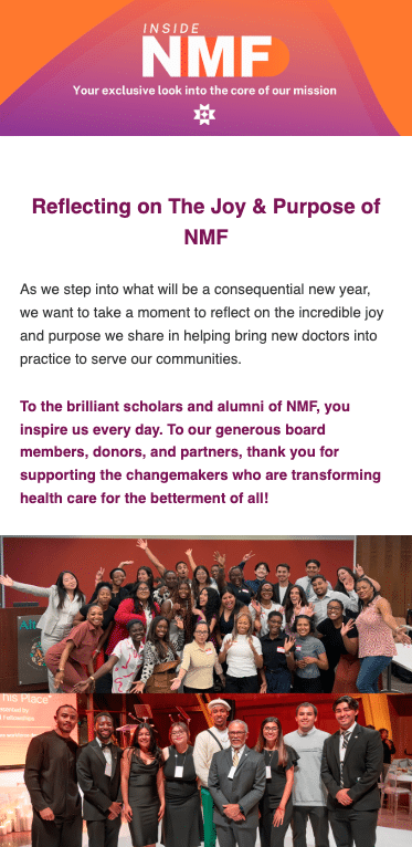 A screenshot of the Inside NMF newsletter with a title reading "Reflecting on the Joy and Purpose of NMF" that has photos of supporters and scholars